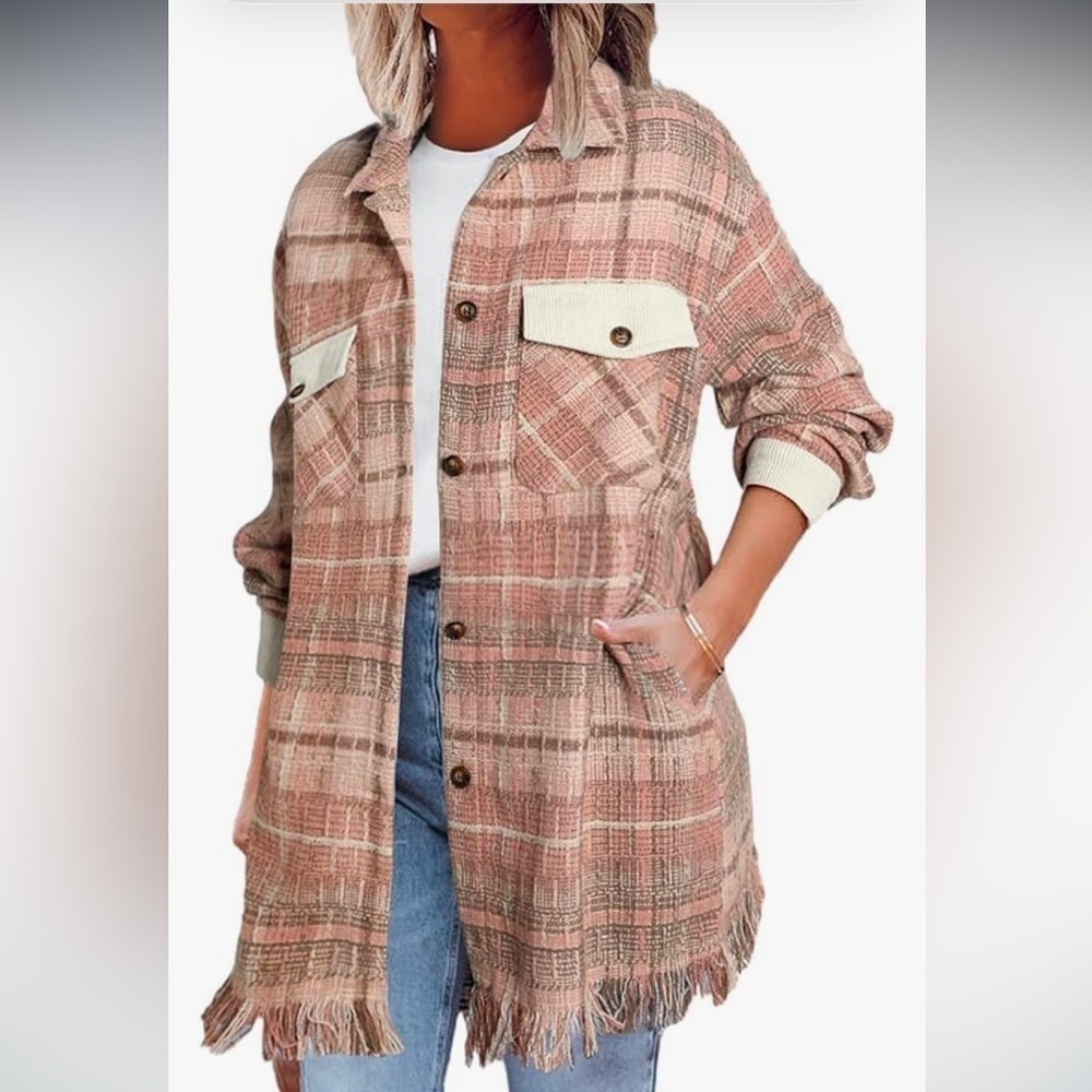 NWOT Casual Plaid Shacket Long Sleeve Button Down Oversized Shirt Jacket Coat - Picture 1 of 6